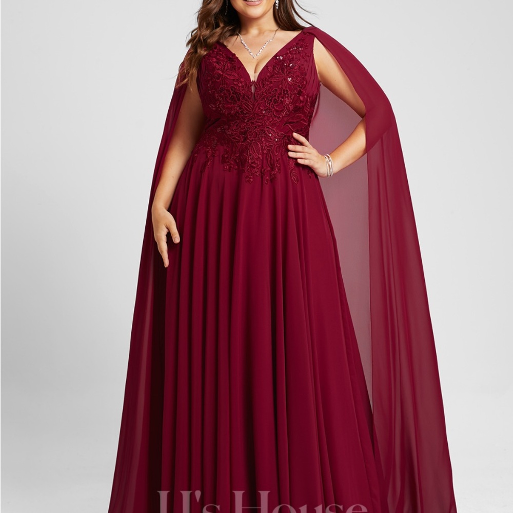 NWT JJs House Burgundy Bridesmaid Formal Prom Ren Fair Dress with Cape